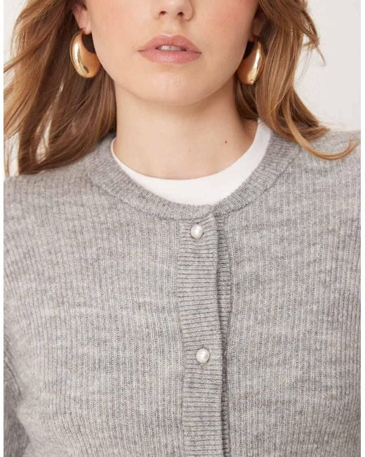 Jdy Gray Ribbed Cardigan With Pearl Buttons