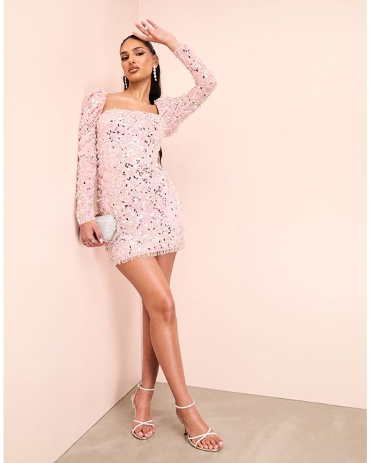 ASOS Pink Puff Sleeve Sequin Embellished Long Sleeve Mini Dress