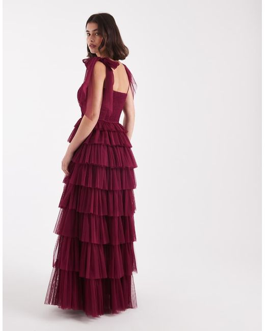LACE & BEADS Red Bridesmaid Bow Shoulder Tulle Maxi Dress