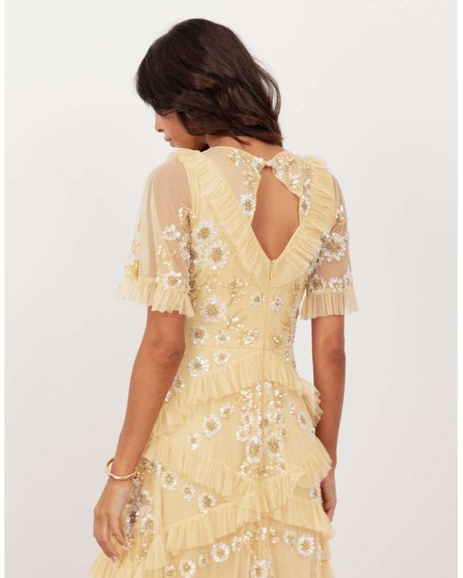 Maya Natural Embellished Angel Sleeve Ruffle Maxi Dress