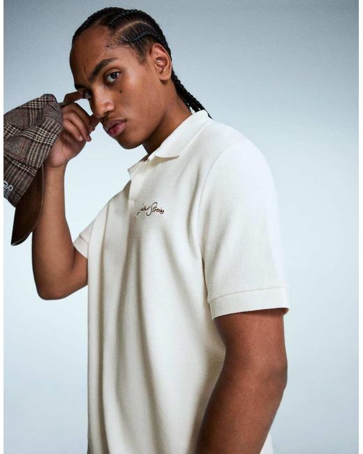 Bershka White Embroidered Structured Short Sleeve Polo Shirt for men
