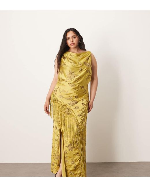 ARRANGE Metallic Curve Embroidered Satin Drape Midi Dress With Fringe