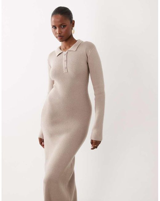 4th & Reckless Natural Ribbed Knit Button Detail Collared Long Sleeve Maxi Dress