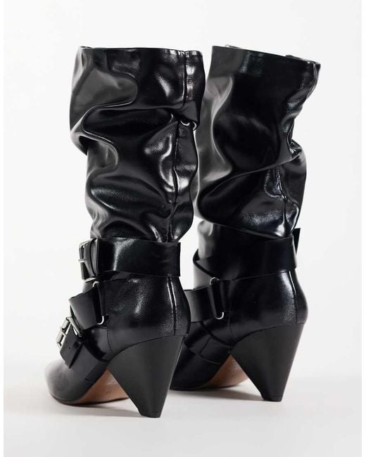ASOS Black Cade Buckle Detail Heeled Slouch Boots