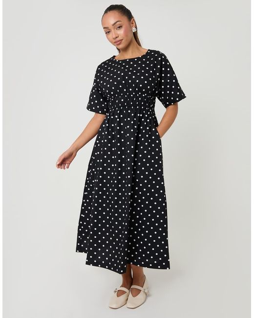 Threadbare Black Elasticated Waist Polka Dot Poplin Midi Dress