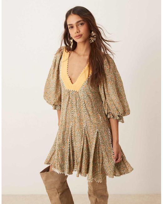 Free People Natural Ditsy Floral Puff Sleeve Boho Mini Dress