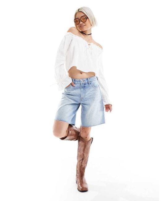 Bershka Blue Diamante Longline Denim Shorts