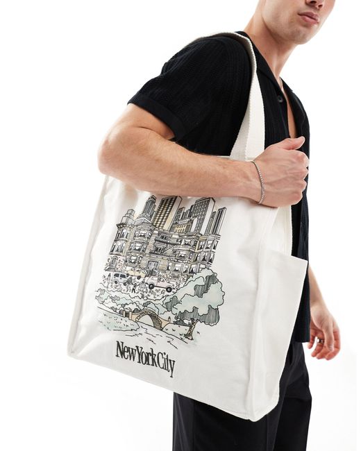 Abercrombie & Fitch White Destination Drawing Preppy Canvas Tote Bag for men