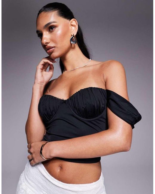 Princess Polly Black Candyce Ruched Cup Detail Fallen Shoulder Corset Top