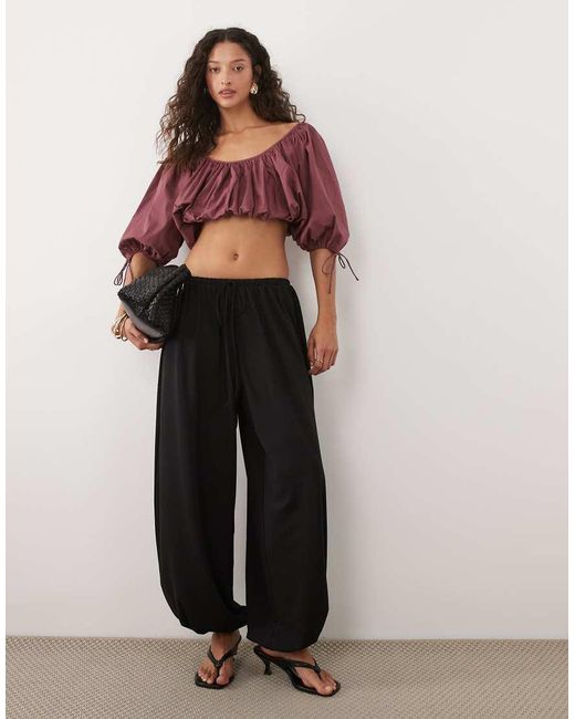 Mango Red Cotton Mix Cropped Balloon Sleeve Top