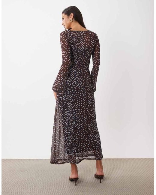 Never Fully Dressed Brown Mesh Overlay Boat Neck Flare Sleeve Maxi Dress