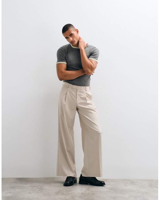 ASOS Gray Muscle Fit Ribbed T-shirt With Ringer Detailing for men