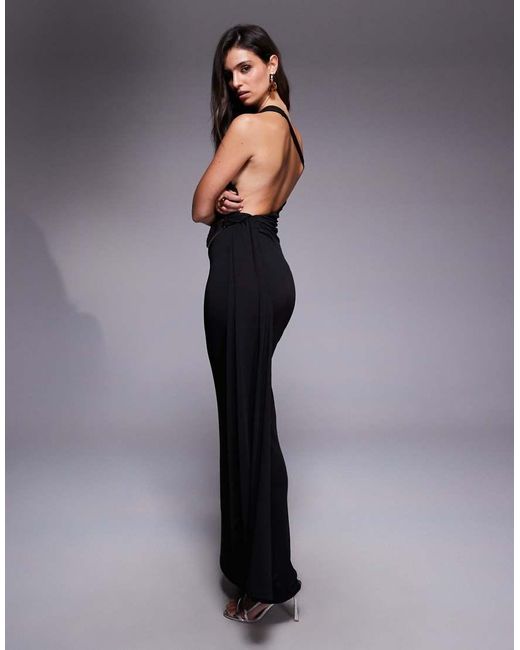 Aria Cove Blue Double Sculpted Slinky Open Back Metal Detail Ruched Drape Detail Maxi Dress