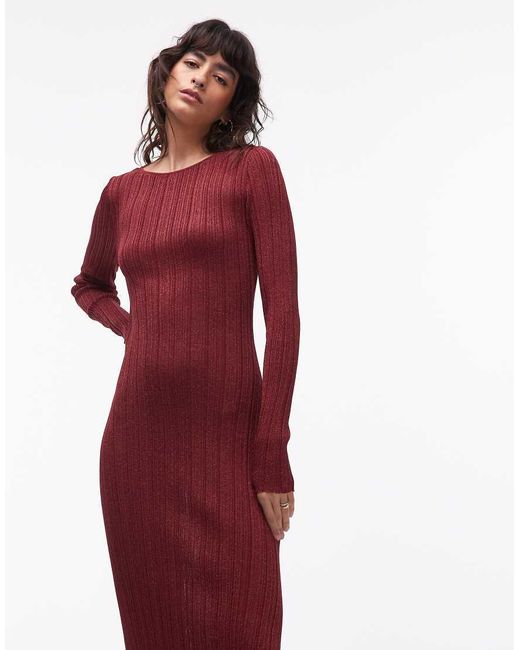 & Other Stories Red Glitter Rib Boat Neck Long Sleeve Midi Dress