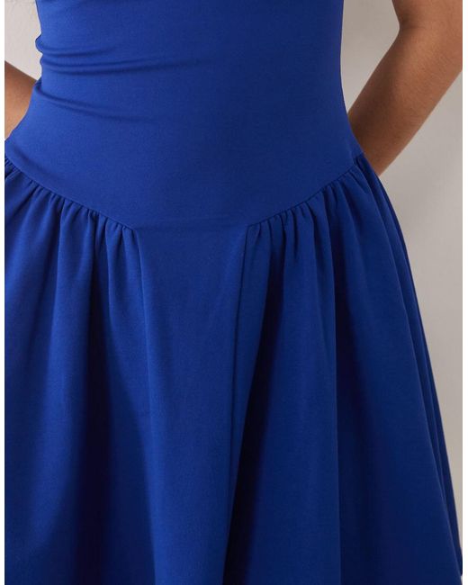 Kaiia Blue Exclusive High Neck Short Sleeve Fit And Flare Ponte Mini Dress