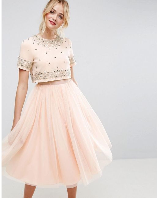 ASOS Pink Embellished Crop Top Tulle Midi Dress