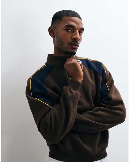 ASOS Black Relaxed 1/4 Zip With Cut & Sew Panelling And Contrast Piping for men