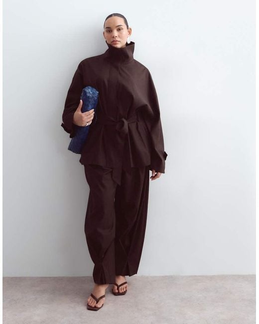 ARRANGE Brown Curve Funnel Neck Belted Jacket Co-Ord