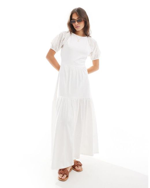 ASOS Broderie Puff Sleeve Tiered Maxi Dress in White | Lyst UK