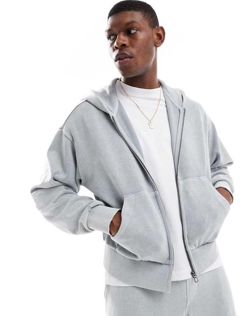 Bershka Gray Washed Zip Through Hoodie Co-ord for men