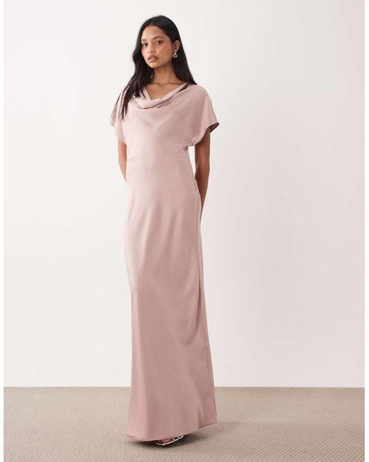 TFNC London Pink Bridesmaids Satin Drop Shoulder Bias Maxi Dress