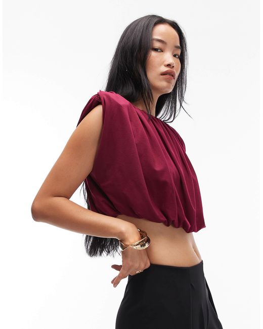 ASOS Red Shoulder Pad Detail Bubble Hem Top With Gathers