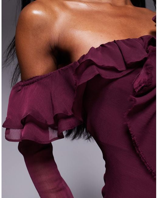 ASOS Purple Frill Bardot Long Sleeve Bias Cut Maxi Dress