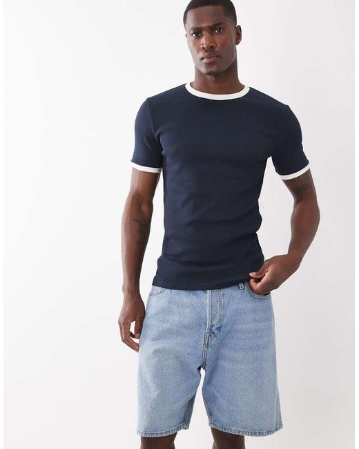 ASOS Blue Muscle Fit T-shirt With Ringer Detailing for men