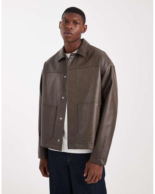 ASOS Brown Faux Leather Harrington Jacket for men