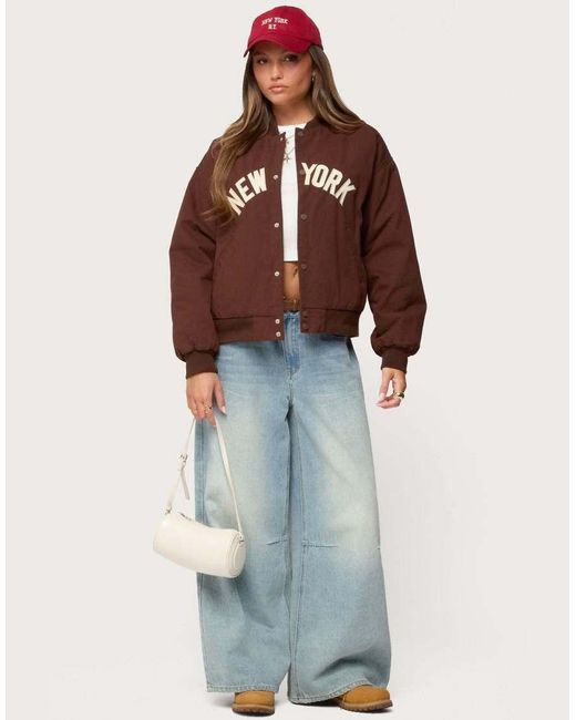 Edikted Brown Big Apple Oversized Bomber Jacket