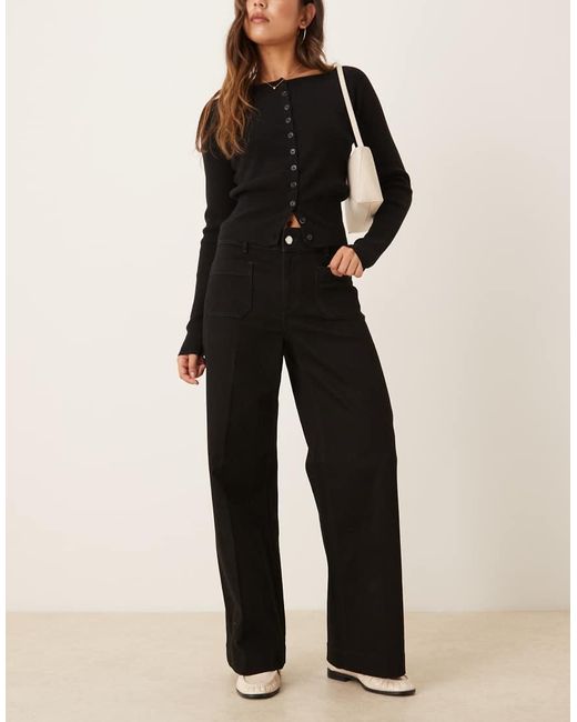 Mango Black Jessie 100% Cotton Pocket Detail Wide Leg Jean