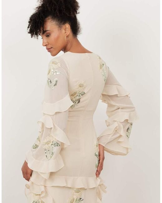 Maya Natural Embellished Long Sleeve Ruffle Maxi Dress