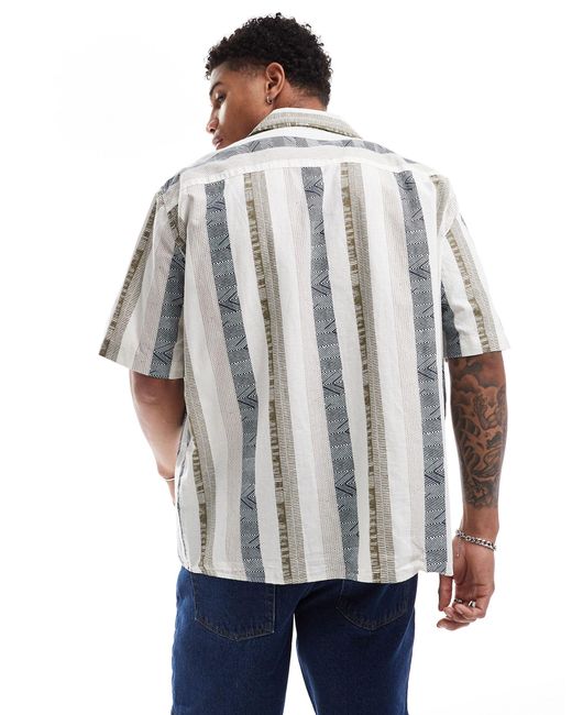 SELECTED – oversize-hemd aus leinenmix mit streifenprint und reverskragen in Blue für Herren