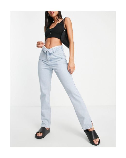 Missguided Blue Fold Over Straight Leg Jean