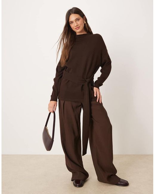 Mango Brown Knitted High Neck Tie Waist Jumper