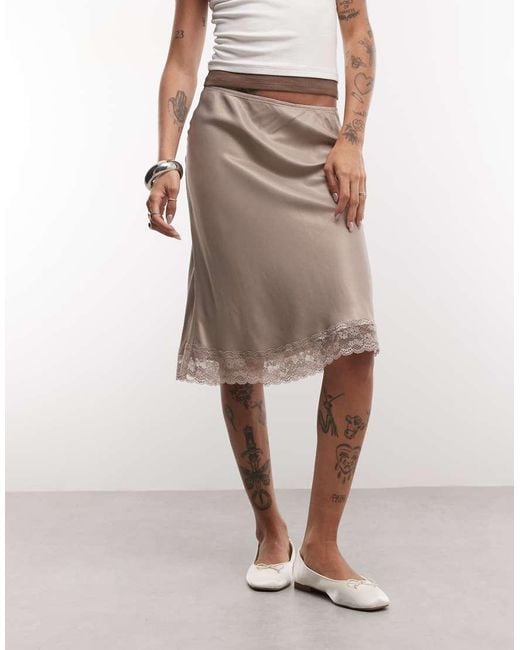 Reclaimed Vintage Natural Satin Awkward Length Skirt With Lace Trim