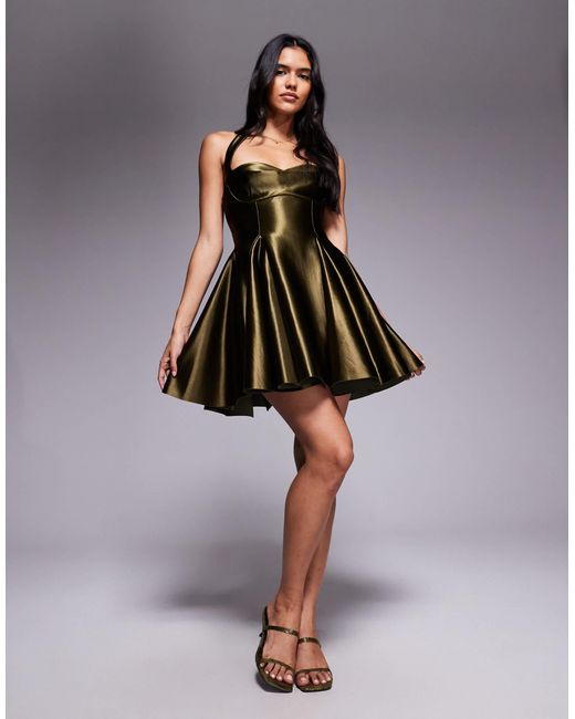 ASOS Green Structured Satin Mini Dress With Halter Straps And Extreme Skirt