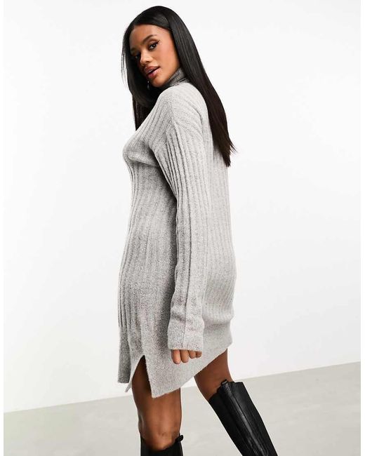 Threadbare Gray Naveah Roll Neck Ribbed Mini Jumper Dress