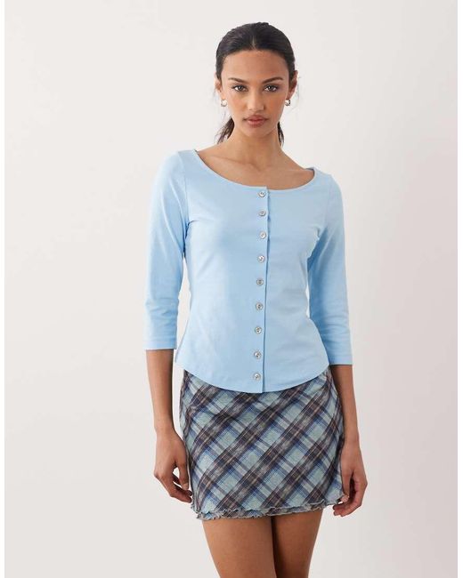 ASOS Blue Boat Neck Shaped Hem 3/4 Sleeve Cardigan