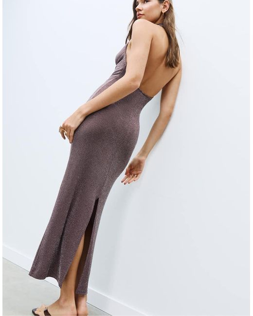 Stradivarius Midi Jurk Van Metallic Garen in het Purple