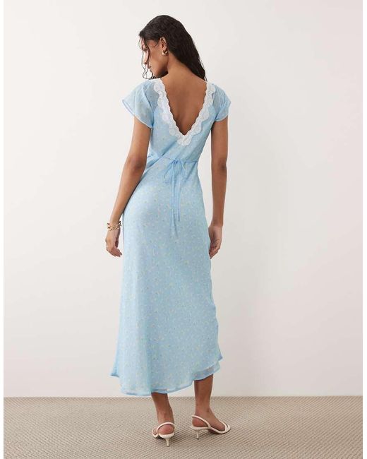 New Look Blue Ditsy Lace Trim Cap Sleeve Midi Dress