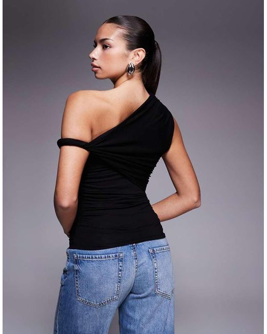 ASOS Blue Ruched Twist Side Cut Away Draped Top