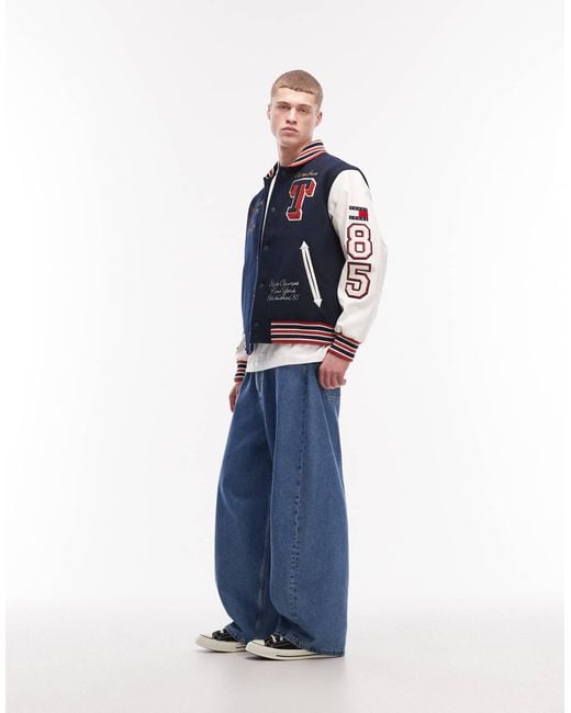 Tommy Hilfiger Blue Graphic Patch Logo Varsity Jacket With Leather Sleeves for men