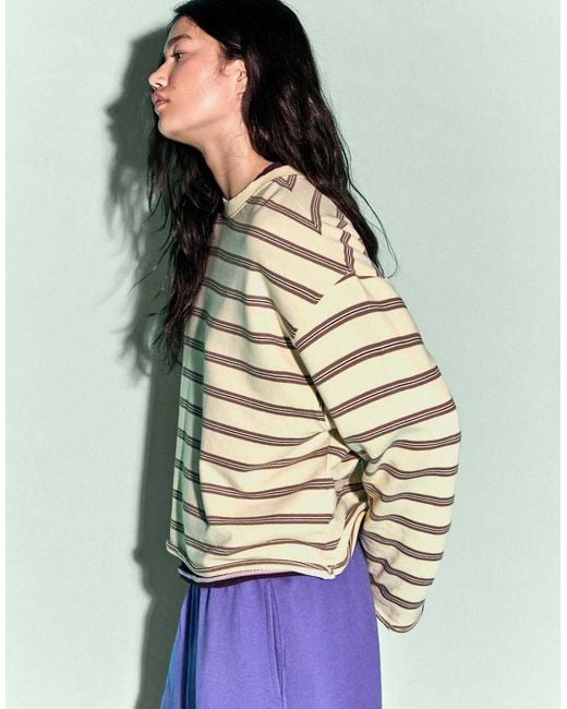 Bershka Yellow Striped Round Neck Sweatshirt