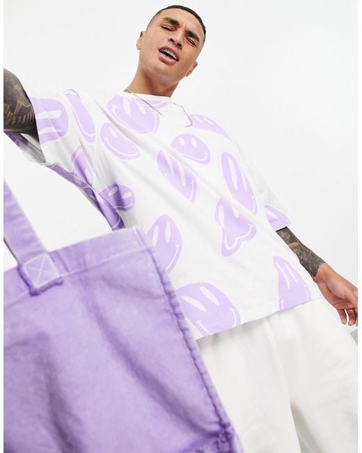 ASOS – oversize-t-shirt mit durchgehendem smiley-print in Purple für Herren