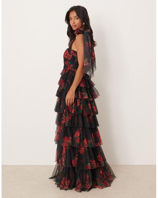 LACE & BEADS Black Tulle Bow Shoulder Maxi Dress