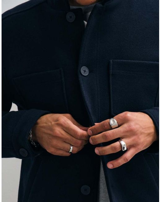 Threadbare Blue Faux Wool Collared Jacket With Patch Pockets for men