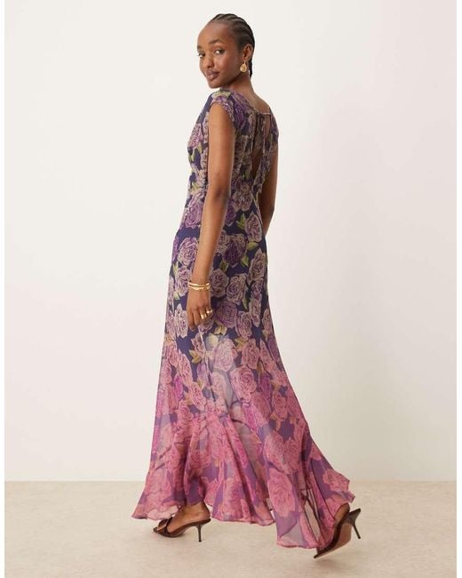 ASOS Pink V-neck Floral Ombre Print Maxi Dress