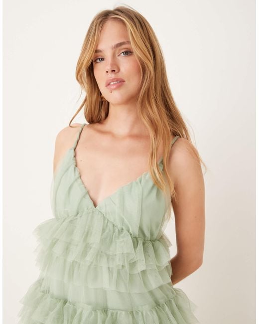 Y.A.S Green Statement Tiered Tulle Maxi Dress