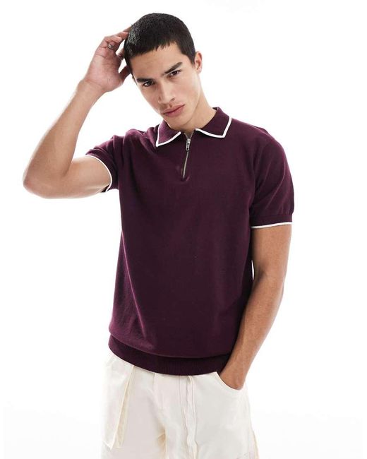 Brave Soul Gebreid Poloshirt Met Contrasterende Biezen in het Purple voor heren